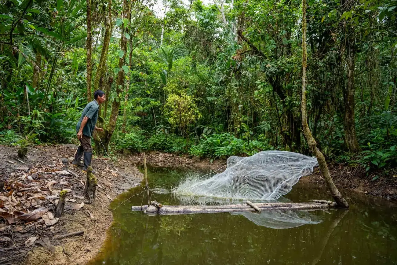 Pesca tradicional con red en una laguna de la selva amazónica